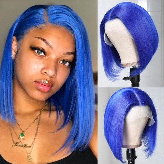 Human Hair 4x4 Lace Closure Blue Straight BOB Wig