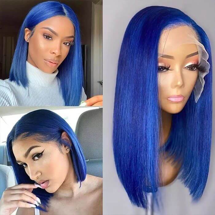 Human Hair 4x4 Lace Closure Blue Straight BOB Wig